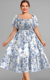 “Penny” Plus Size White/Blue Floral Peasant dress