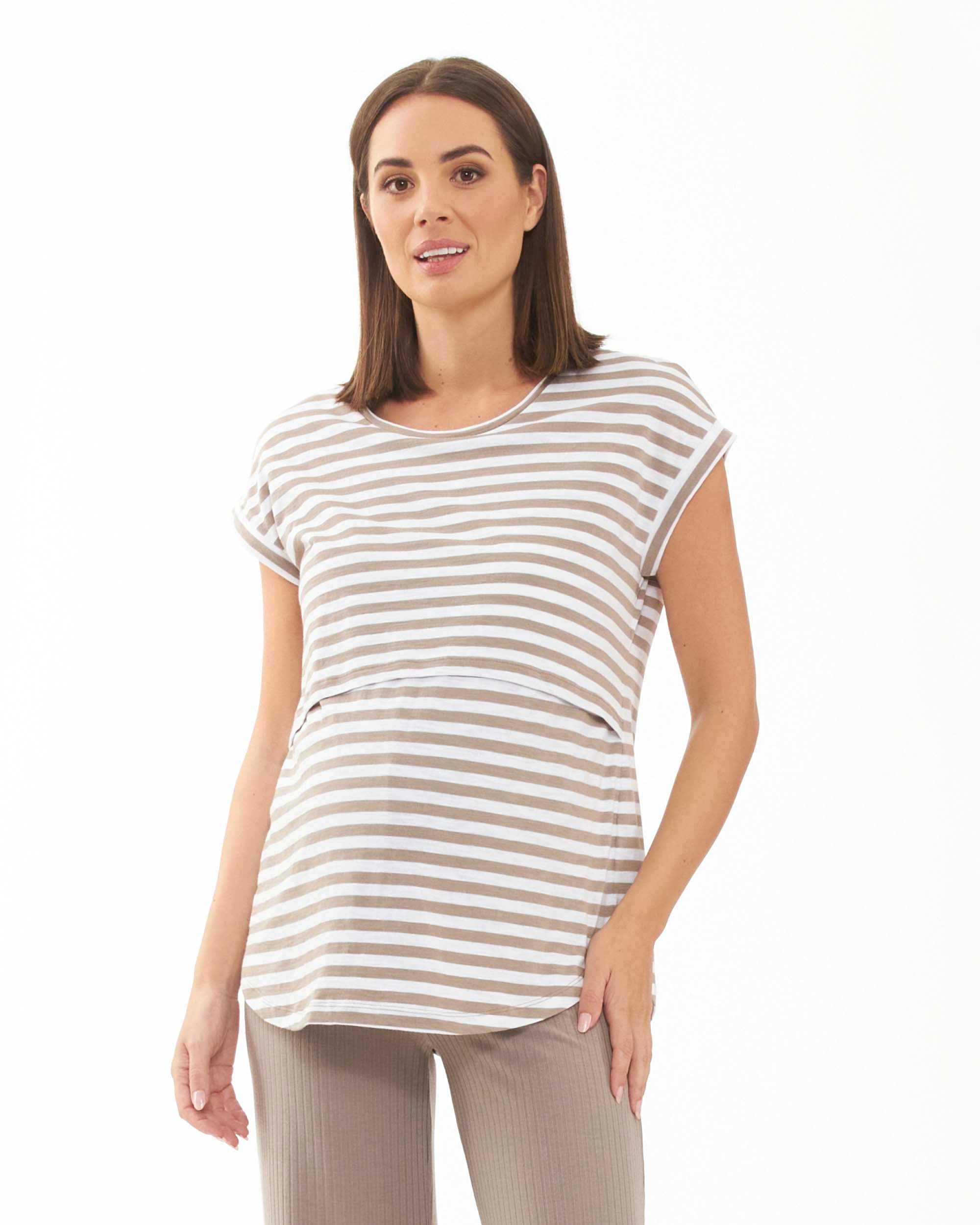 'Lionel' Nursing Tee - Taupe/White